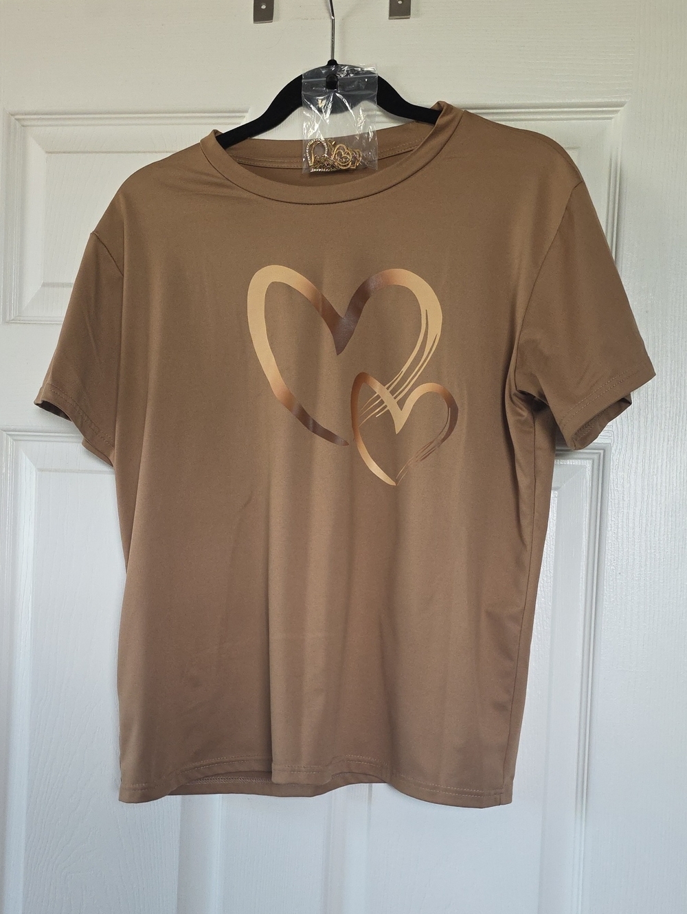 Tan Short Sleeve Tee with Metallic Heart Graphic